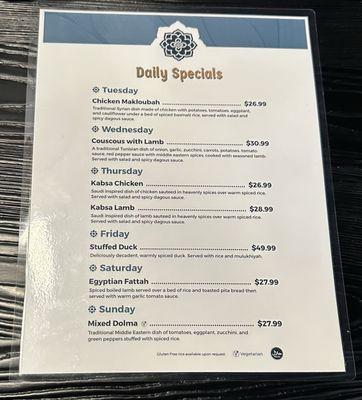 Daily specials menu