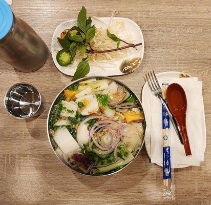 Pho Rau Noodles with Vegetable Broth (ensure to ask for the Vegan meal so the establishment uses Vegan broth!)