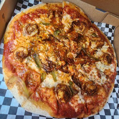 Ocean of Soul Pizza:  Cajun Shrimp, Crawfish Tail Meat, Green Bell Pepper, Fresh Red Bell Peppers A toast to the Soul of Louisiana!