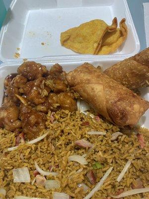 Special with Pork Fried Rice, Egg Rolls and Orange Chicken.  Plus Crab Rangoons