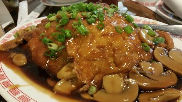 Egg Fu Young with Mushroom Gravy: Bean sprouts with whipped egg, pan-fried and topped with mushroom gravy