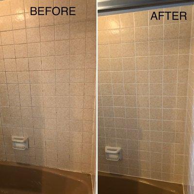 Sample work of:
Full regrout service
Soap scum scrape
Reseal
Recaulk