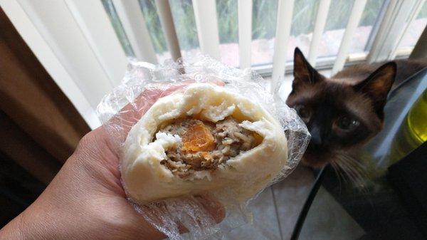 Got egg yolk in my bun. Hehe. My cat wants some too