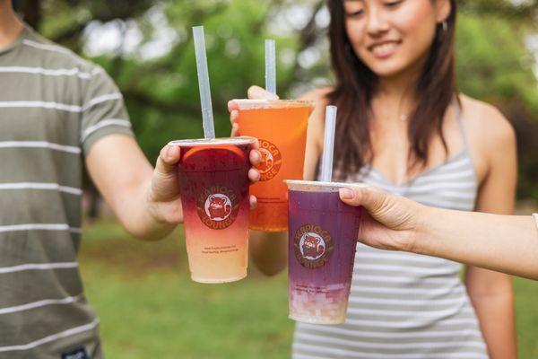 Hibiscus Lemonade (far left), Strawberry Lemonade (middle), & Butterfly Lemonade (far right)