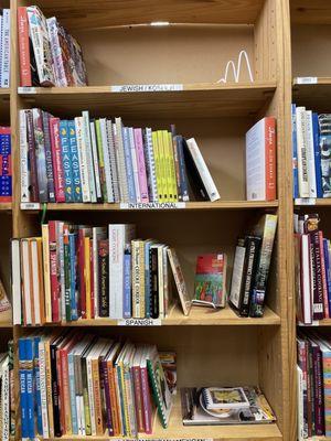 Reflective of the store, books in odd places, no order.