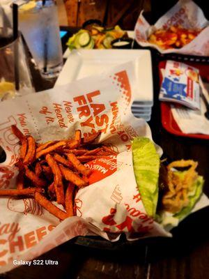 Bourbon burger with lettuce bun and sweet potatoe fries...so delicious