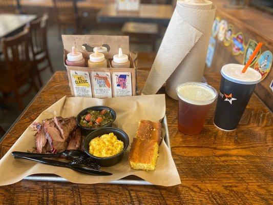 Brisket w/ Mac & cheese and greens  and Blue Moon beer