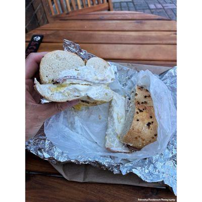 Toasted Onion bagel with egg, ham, cream cheese | #intenselypassionatephotography