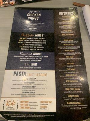 Back of the menu