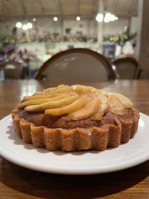 French Apple Tart (Buttery pate sucré shell filled with almond frangipane filling topped with thin slices of apples & a light apricot)