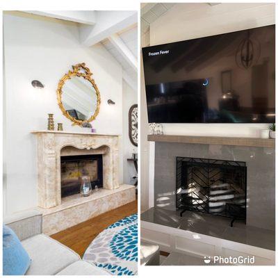 Before and after photo of our fireplace