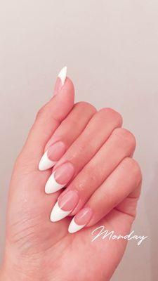 french tip with pink powder, acrylic almond nails