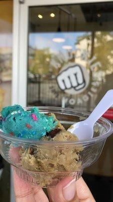 blue sugar cookie and chocolate chip cookie dough