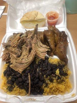 Pork, beans, rice, plantains