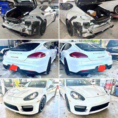 Porsche Panamera from bumper rear bumper repair and paint.