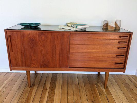 MCM teak credenza with glass top