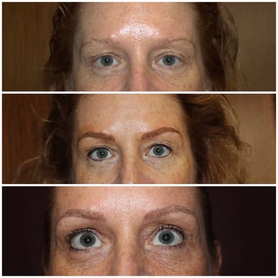 Before, immediately after and healed permanent eyeliner and 3D eyebrow tattoos.