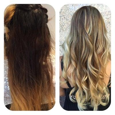 Before and after handpainting/balayage shadow root for a nice grow out. Text or call Angela @408-202-9537