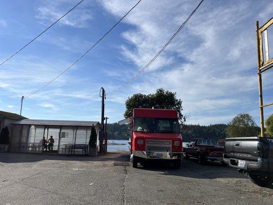 covered eating area and food truck