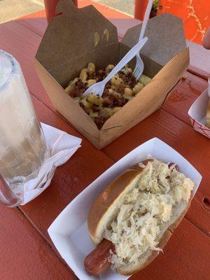 Perfect day for Bacon and Cheese Fries & Kraut Dog & root beer float