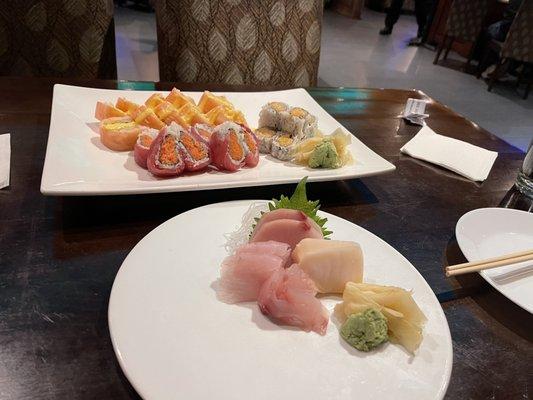 Sashimi, Sweetie Roll, Paradise Roll and Spicy Crunchy Scallop Roll.