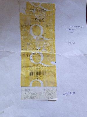 The small white ticket is the original dated 12.13.20 The yellow receipt is dated 11.17.21