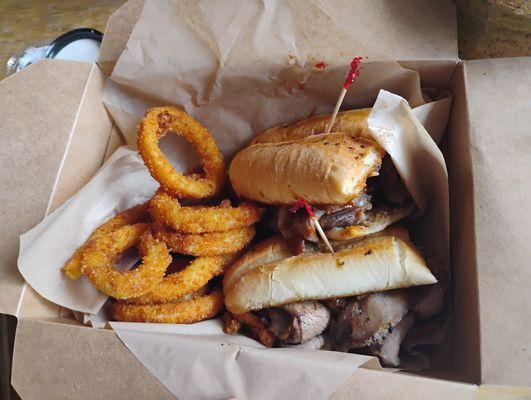 Smoked Tri Tip Sandwich with onion rings