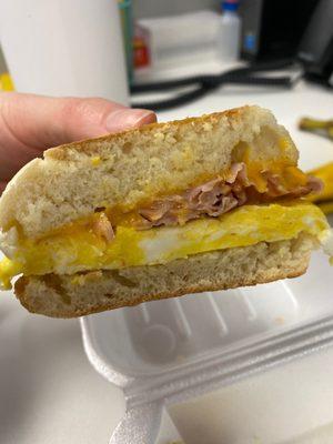 Ham, egg and cheese on an English Muffin. Friday treat.