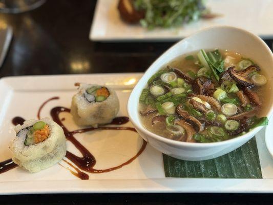 Shrimp miso soup w/crispy veggie roll bite