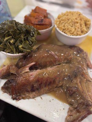 Smothered turkey wings, collards, sweet potatoes and seasoned rice!