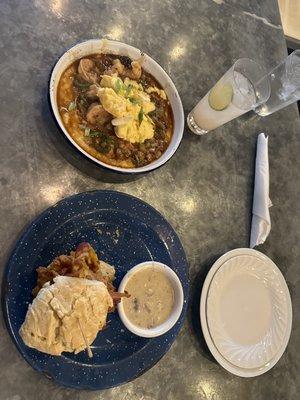 Shrimp and grits with chicken & bacon biscuit with gravy.