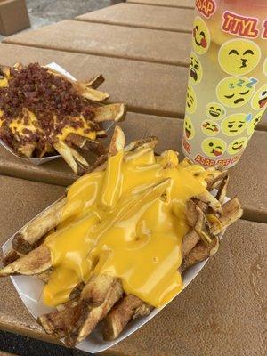 Cheese fries, bacon cheese fries & lemonade