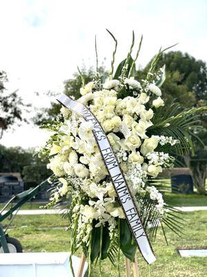 All White Funeral Spray. Made By Flower World.