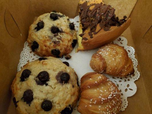 2 Blueberry Scones, Chocolate drizzled pound cake slice and 2 Sfogliatellas.