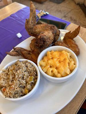 Fried Chicken Platter with Mac and Cheese and Dirty Rice