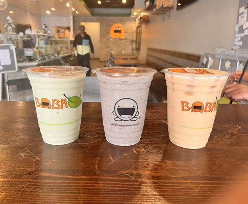 Left to right: avocado smoothie, Oreo, and rose tea.