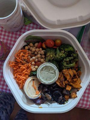 Create your own salad w/ carrots, chickpeas, tomatoes, broccoli, sweet potatoes, & mushrooms w/ spicy cashew & green goddess dressing