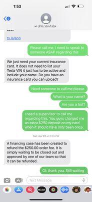 Text feed between me and Tesla