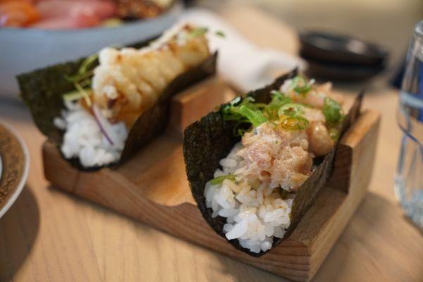 left: deep sea temaki
 right: spicy hamachi temaki
 Both delish