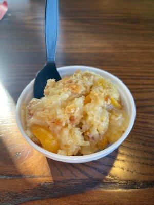 SMALL HOMEMADE PEACH COBBLER (a must) when you eat here!