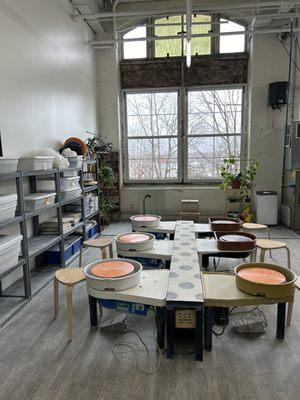 Pottery wheel area where 4-session monthly courses are held.