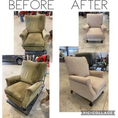 Recliner fully Reupholstered, New foam and Spring Repair Done. No wood work was done.