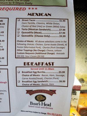 Deli menu mexican/breakfast