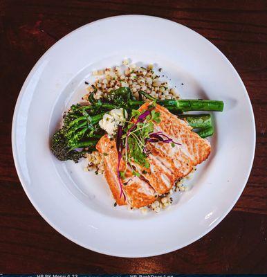 Seared Salmon, grilled broccolini, couscous and quinoa.