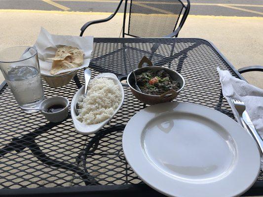 Lamb Saag, Gluten Free naan with a side of tamarind