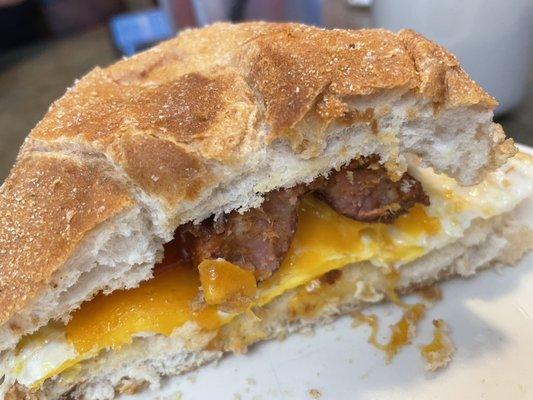 Fried Egg on Roll + cheese + chorizo