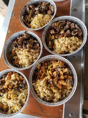 Fried rice with vegetables Ny strip Steak , mushrooms and vegetables .