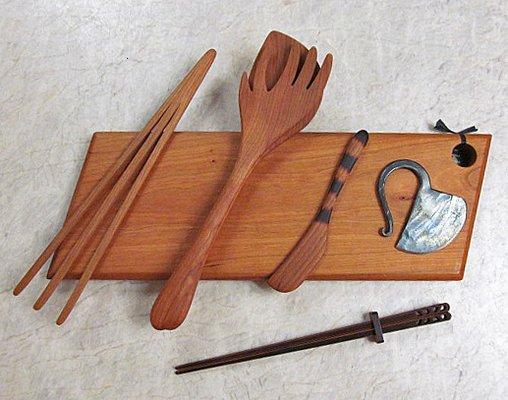 Wood cutting boards, serving and cutting utensils