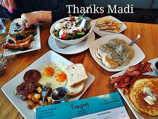 Thanks Madi Grilled Chicken Salad, B&G, Pancakes n Bacon, Sausage n Eggs