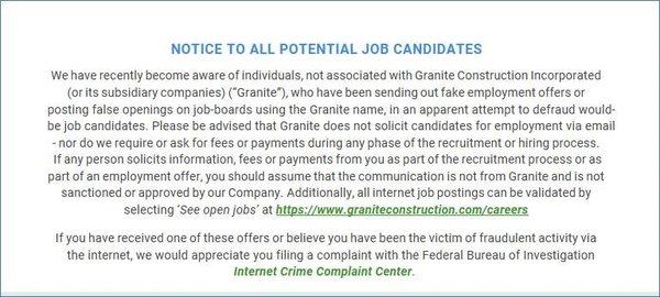 Granite Construction Incorporated career positing disclaimer.